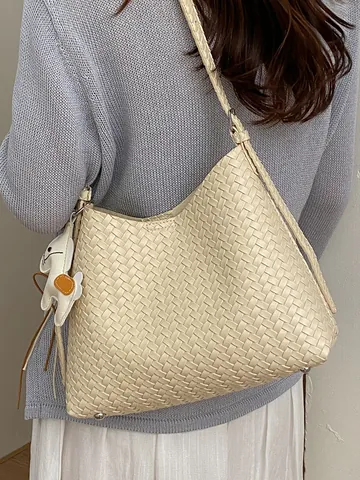 Damen Gewebte Achseltasche PU Leder Handgewebte Beuteltasche Umhängetasche Mit Pferdeanhänger Mode Einfache Schultertasche