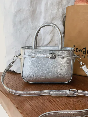 Silver Pleated Women Bucket Bag Elegant Pearl Heart Lace Bow Handbag PU Leather Small Crossbody Bag Summer Daily Commute Shoulder Bag