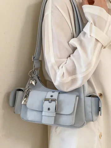 Women Fashion PU Leather Pillow Bag Underarm Shoulder Crossbody Bag Cargo Style Multi Pocket Bag with Metal Lock