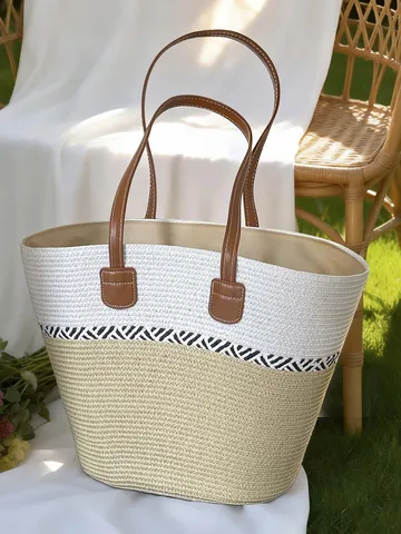 Handmade Straw Woven Tote Bag Women Summer Beach Vacation Striped Shoulder Bag Large Capacity Handbag Casual Shopping Bag