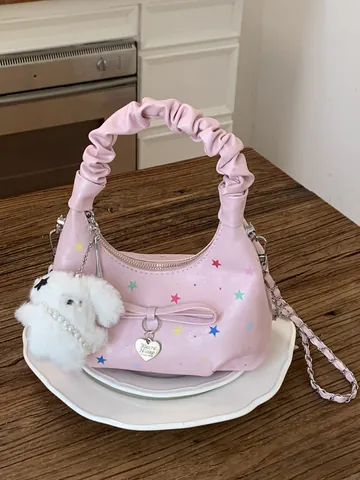 Borsa a Spalla da Donna Designer Stampa Stellata Pelle PU Manico a Nuvola Pieghettato Tracolla a Catena Con Ciondolo in Peluche