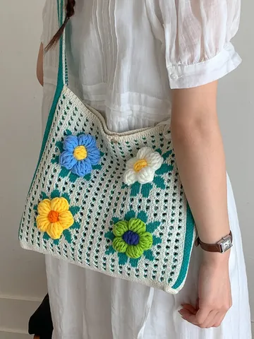 Women's Crochet Floral Knitted Tote Bag Polyester 3D Flower Hollow Out Lazy Resort Shoulder Bag Large Capacity Handbag