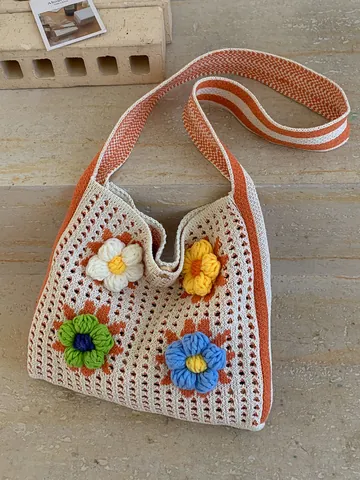 Women's Crochet Floral Knitted Tote Bag Polyester 3D Flower Hollow Out Lazy Resort Shoulder Bag Large Capacity Handbag