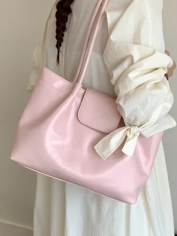 Women Large Capacity Pleated Tote Bag Minimalist PU Leather Shoulder Bag For University Students Spring Casual Handbag