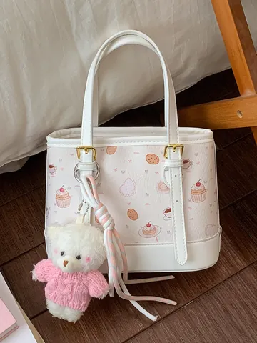 Dames Zoete PU Lederen Emmertas Leuke Dessert Print Handtas Casual Schoudertas Crossbody Tas met Beer Hanger