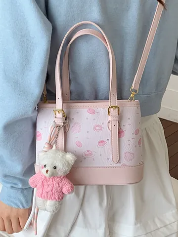 Dames Zoete PU Lederen Emmertas Leuke Dessert Print Handtas Casual Schoudertas Crossbody Tas met Beer Hanger
