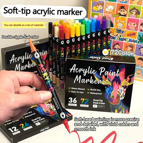 Professional Dual Tip Dual Color Acrylic Markers Waterproof Quick Dry Water Based Paint Pens For Kids DIY Drawing Graffiti Painting Art Supplies