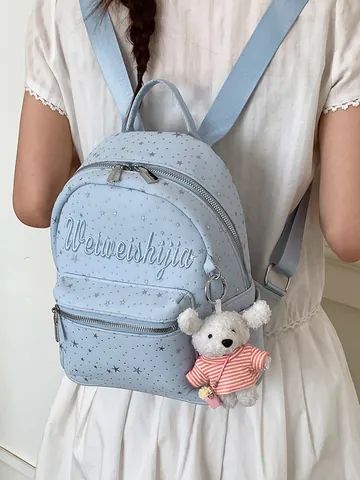 Mochila de Lienzo con Estampado de Estrellas de Moda para Mujer Estudiantes Universitarios Bolsa Escolar de Gran Capacidad con Colgante de Conejo Bordado de Letras Casual