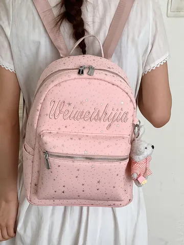 Mochila de Lienzo con Estampado de Estrellas de Moda para Mujer Estudiantes Universitarios Bolsa Escolar de Gran Capacidad con Colgante de Conejo Bordado de Letras Casual
