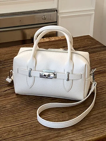 Women Luxury Lychee Grain Top Handle Bowling Bag Fashion Polyurethane Shoulder Crossbody Pillow Bag With Rabbit Charm