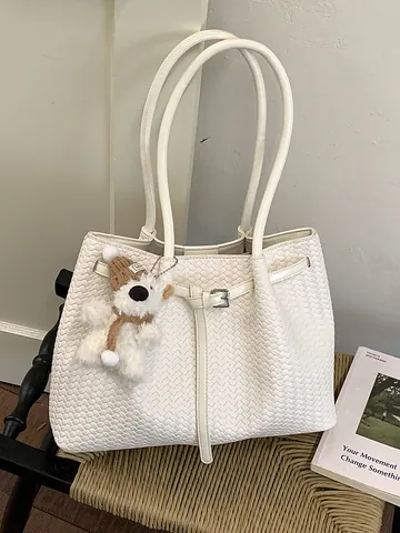 Women Large Capacity Woven PU Leather Tote Bag Minimalist Fashion Woven Shoulder Underarm Bag Slouchy Retro Handbag