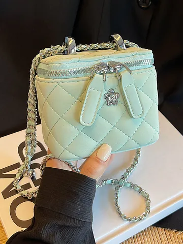 Women Quilted Chain Crossbody Bag PU Leather Box Vanity Bag With Camellia Flower Zipper Pull Fashion Small Square Bag