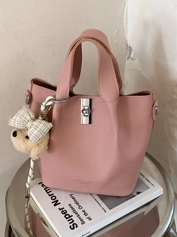 Dames PU Leer Emmer Tas Lychee Patroon Draagbare Handtas Schoudertas Met Slot Sluiting Voor Dagelijks Woon Werkverkeer