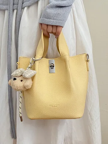 Dames PU Leer Emmer Tas Lychee Patroon Draagbare Handtas Schoudertas Met Slot Sluiting Voor Dagelijks Woon Werkverkeer