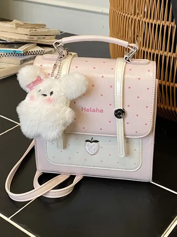 Korean Style Women Polka Dot Backpack Cute Strawberry Embroidered PU Leather School Bag Small Student Knapsack With Plush Bunny Pendant