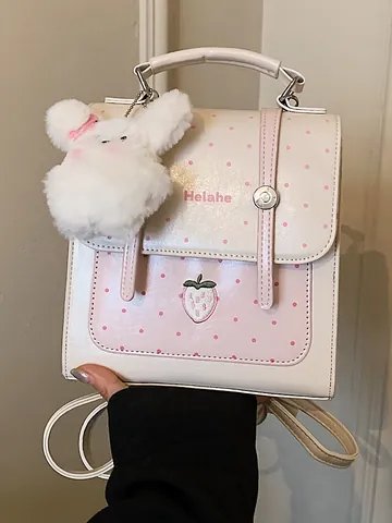 Korean Style Women Polka Dot Backpack Cute Strawberry Embroidered PU Leather School Bag Small Student Knapsack With Plush Bunny Pendant