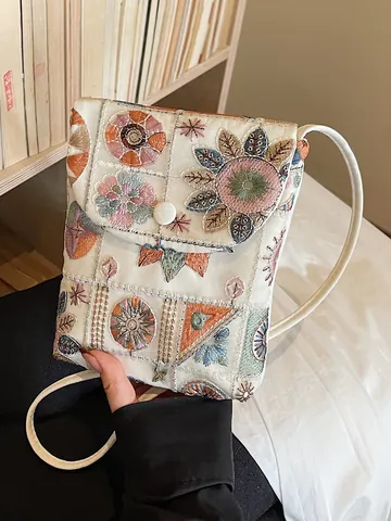 Nuova Borsa per Cellulare in Tessuto Ricamato in Stile Cinese Donna Borsa a Tracolla Floreale Stile Nazionale Piccola Borsa