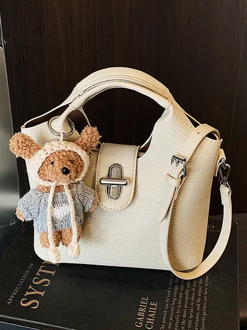 Damen High-End PU Leder Litschimuster Eimertasche Mode Exquisite Handtasche Mit Teddybär Anhänger Schulter Umhängetasche