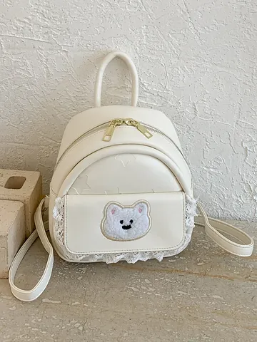 Cute Cartoon Bear Mini Backpack For Women PU Leather Lace Trim Star Embossed Small School Bag Fashion Sweet Travel Bag