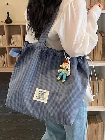 Grid Pattern Canvas Tote Bag For Women Large Capacity Lightweight Versatile Commuting Shoulder Bag With Doll Pendant