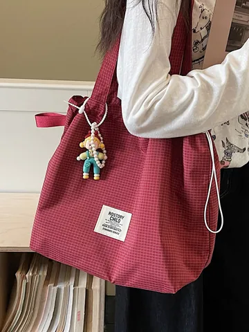 Grid Pattern Canvas Tote Bag For Women Large Capacity Lightweight Versatile Commuting Shoulder Bag With Doll Pendant