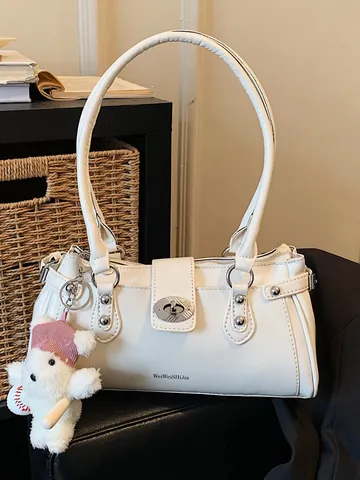 Women Retro PU Leather Underarm Bag Vintage Rivet Tote Handbag With Rotating Metal Buckle Versatile Shoulder Bag For Commute