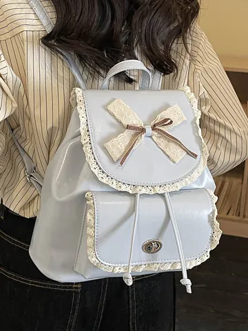Sweet PU Leather Bowknot Lace Stitching Backpack For Women Fresh College Style School Bag Elegant Daily Commute Backpack