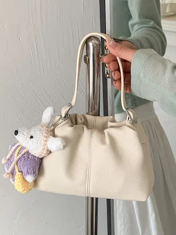 Fashion Women PU Leather Bucket Bag Pleated Shoulder Crossbody Bag With Plush Pendant High-End Top Handle Small Handbag