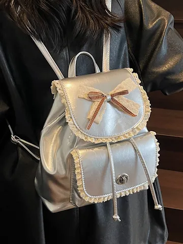 Sweet PU Leather Bowknot Lace Stitching Backpack For Women Fresh College Style School Bag Elegant Daily Commute Backpack
