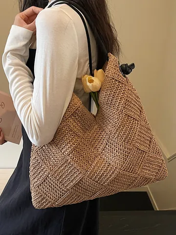 Sac Cabas en Paille Tissé à la Main pour Femmes Grande Capacité Sac à Épaule Vacances Plage Blanc Cassé Kaki Minimaliste Mode Été