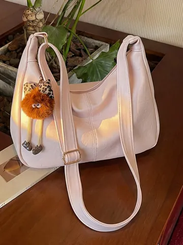 Grote Capaciteit PU Leren Tote Bag Voor Dames Casual Modieuze Schoudertas Met Pluche Monster Hanger en Stiksels Handtas