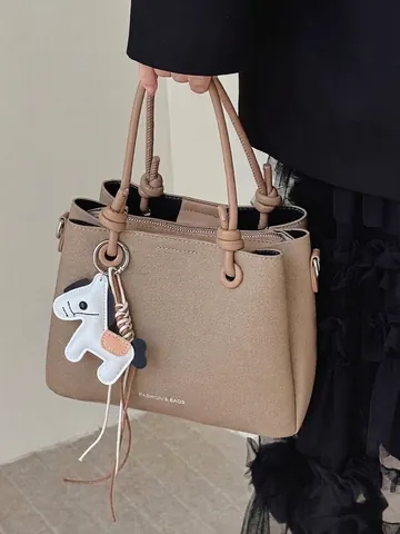 Women Fashion PU Leather Bucket Bag Minimalist Knot Handle Shoulder Bag Crossbody Handbag With Horse Charm Accessory INS Style Urban Simple Tote