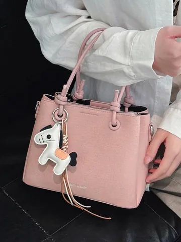 Women Fashion PU Leather Bucket Bag Minimalist Knot Handle Shoulder Bag Crossbody Handbag With Horse Charm Accessory INS Style Urban Simple Tote