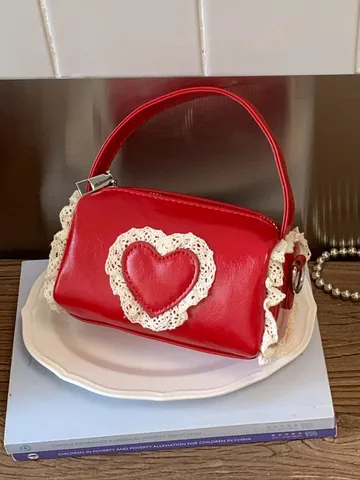 Women Sweet Mini Barrel Handbag Lace Heart Decor PU Leather Shoulder Bag Fashion Elegant Daily Commute Crossbody Bag For Lady