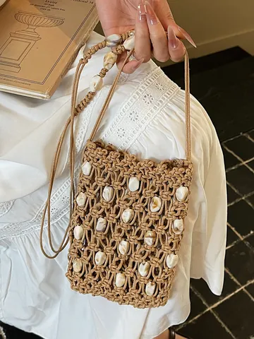 Bolso de Paja para Móvil Tejido a Mano para Mujer Vacaciones en el Mar Bohemio Decorado con Perlas de Concha Bolso Bandolera Ligero