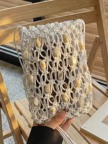 Bolso de Paja para Móvil Tejido a Mano para Mujer Vacaciones en el Mar Bohemio Decorado con Perlas de Concha Bolso Bandolera Ligero