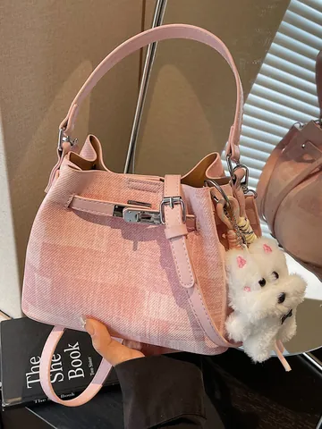 Women Bucket Bag PU Leather Commuter Handbag Plaid Pattern Shoulder Crossbody Bag With Plush Pendant And Metal Lock