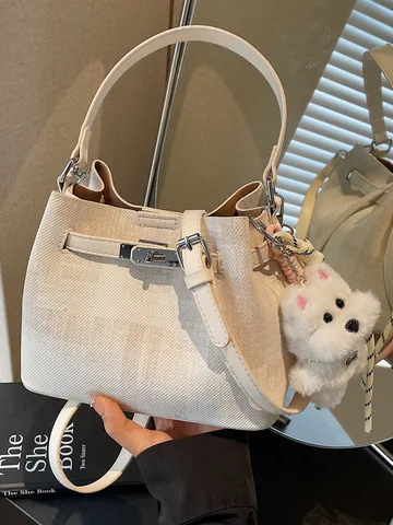Women Bucket Bag PU Leather Commuter Handbag Plaid Pattern Shoulder Crossbody Bag With Plush Pendant And Metal Lock