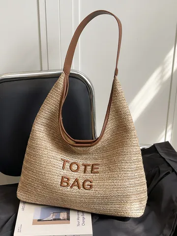 Handwoven Straw Tote Bag For Women Large Capacity Summer Beach Vacation Shoulder Bag With Letter Embroidery Cartoon Patch Detail