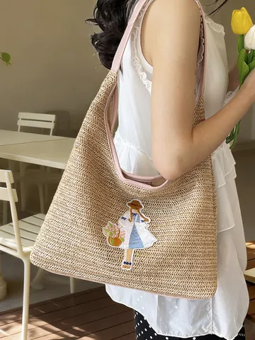 Handwoven Straw Tote Bag For Women Large Capacity Summer Beach Vacation Shoulder Bag With Letter Embroidery Cartoon Patch Detail