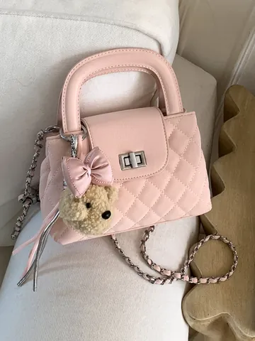 Women Rhombic Quilted Chain Bucket Bag French Style PU Leather Shoulder Crossbody Handbag With Plush Teddy Bear Charm