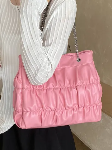 Women Large Capacity Pleated PU Leather Tote Bag Fashion Silver Chain Shoulder Bag For Commute School Daily Use Shopper