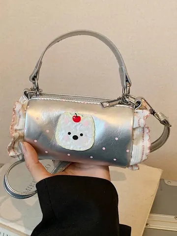 Women Mini Cylindrical Polka Dot Handbag With Cartoon Bear Patch Lace Trim Sweet Fashion Small Shoulder Crossbody Bag