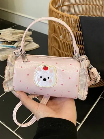 Women Mini Cylindrical Polka Dot Handbag With Cartoon Bear Patch Lace Trim Sweet Fashion Small Shoulder Crossbody Bag