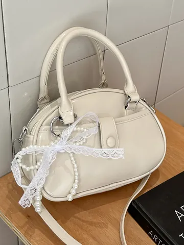Women PU Leather Small Square Handbag Lady Style Fashion Crossbody Bag With Lace Bow Artificial Pearl Pendant Versatile Purse