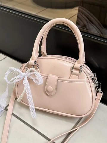 Women PU Leather Small Square Handbag Lady Style Fashion Crossbody Bag With Lace Bow Artificial Pearl Pendant Versatile Purse