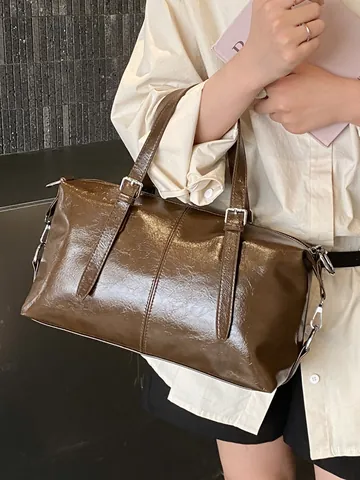 Sac Oreiller Vintage en Cuir PU Sac Boston pour Femmes Sac à Main Haut de Gamme Bandoulière Réglable Mode Rétro Couleur Unie Sac à Main
