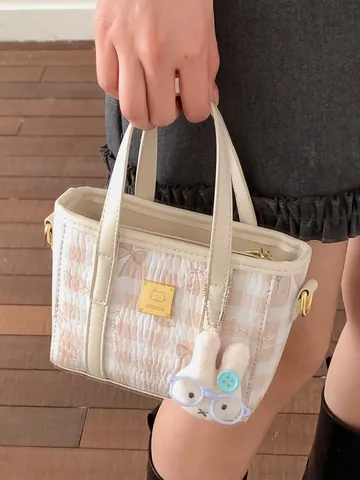 2026 Fashion Plaid Women Bucket Bag Cat Print Handbag Versatile Crossbody PU Leather Large Small Tote With Rabbit Charm