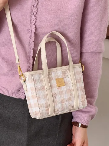 2026 Fashion Plaid Women Bucket Bag Cat Print Handbag Versatile Crossbody PU Leather Large Small Tote With Rabbit Charm