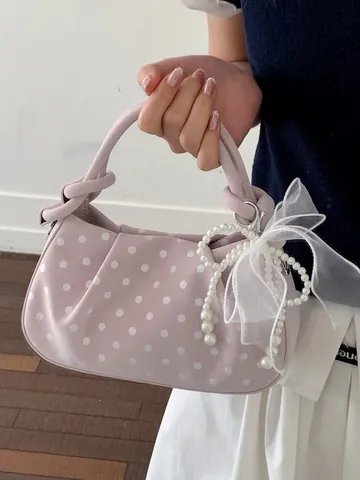Women Polka Dot Dumpling Bag PU Leather Mesh Bow Artificial Pearl Decor Handbag 2026 Spring Fashion Crossbody Shoulder Bag